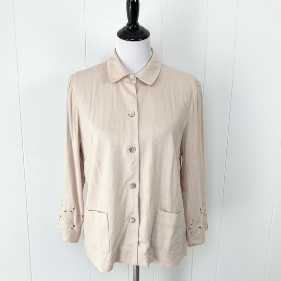 Laura Scott Linen Blend 3/4 Sleeve Chore Coat Sz 14 Beige Embroidered Cut Out - Picture 1 of 11